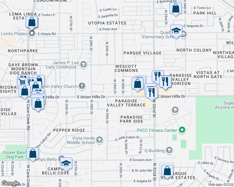 map of restaurants, bars, coffee shops, grocery stores, and more near 2940 East Union Hills Drive in Phoenix