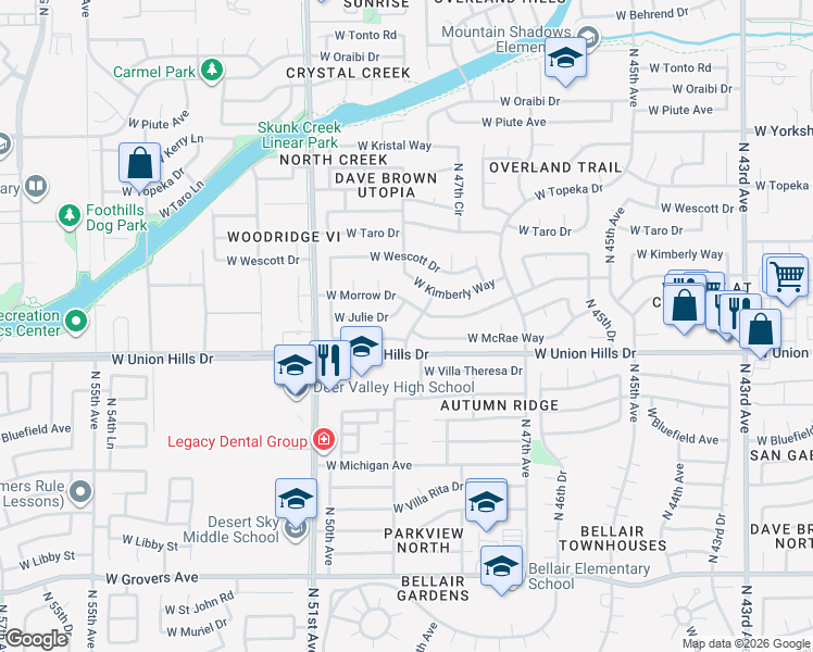 map of restaurants, bars, coffee shops, grocery stores, and more near 18626 North 48th Avenue in Glendale