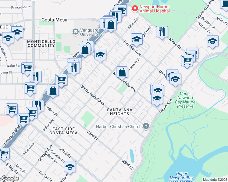 map of restaurants, bars, coffee shops, grocery stores, and more near 230 Hill Place in Costa Mesa