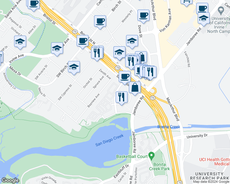 map of restaurants, bars, coffee shops, grocery stores, and more near 20 Baycrest Court in Newport Beach