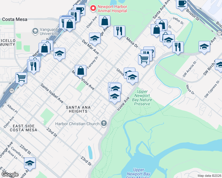 map of restaurants, bars, coffee shops, grocery stores, and more near 2520 Back Bay Loop in Costa Mesa