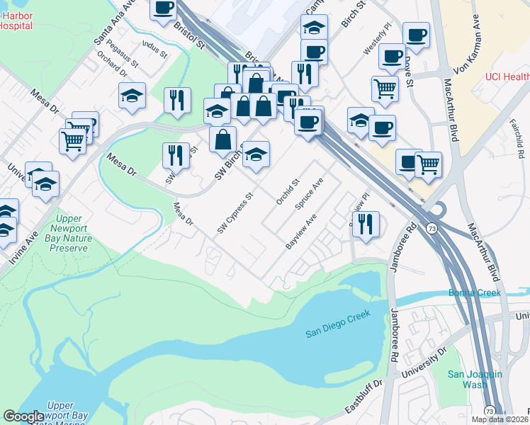 map of restaurants, bars, coffee shops, grocery stores, and more near 20301 Orchid Street in Newport Beach