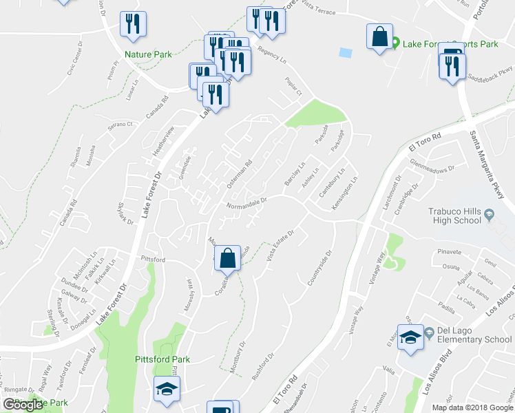 map of restaurants, bars, coffee shops, grocery stores, and more near 21122 Sunny Ridge in Lake Forest