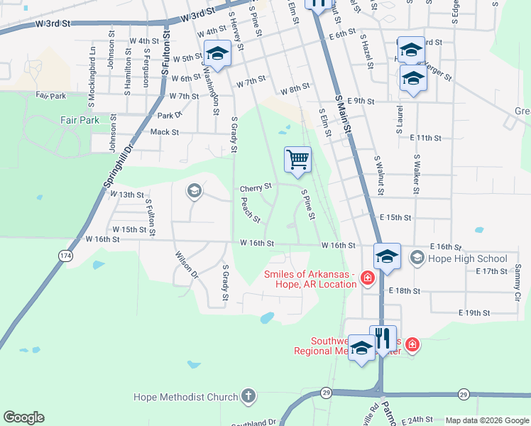 map of restaurants, bars, coffee shops, grocery stores, and more near 1404 South Hervey Street in Hope