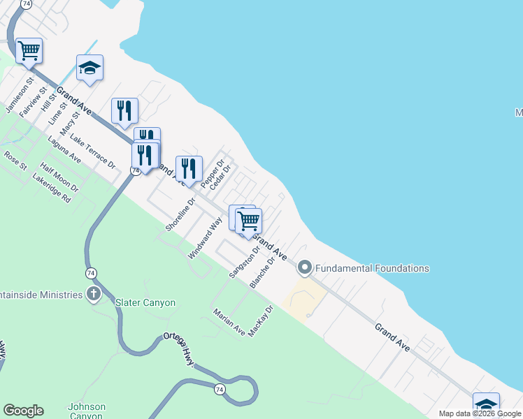 map of restaurants, bars, coffee shops, grocery stores, and more near 32932 Ethlene Drive in Lake Elsinore
