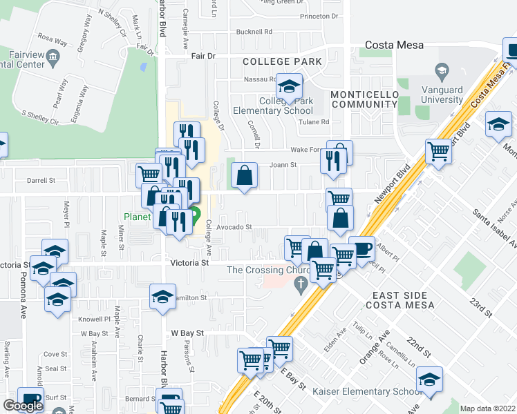 map of restaurants, bars, coffee shops, grocery stores, and more near 327 West Wilson Street in Costa Mesa