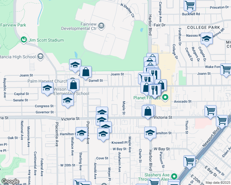 map of restaurants, bars, coffee shops, grocery stores, and more near 2233 Anaheim Avenue in Costa Mesa