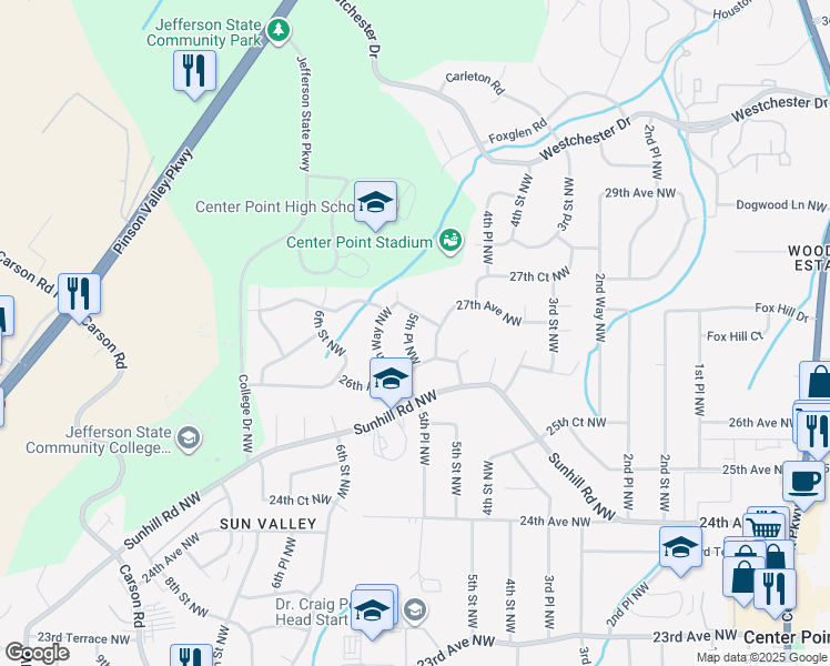 map of restaurants, bars, coffee shops, grocery stores, and more near 2613 5th Place Northwest in Center Point