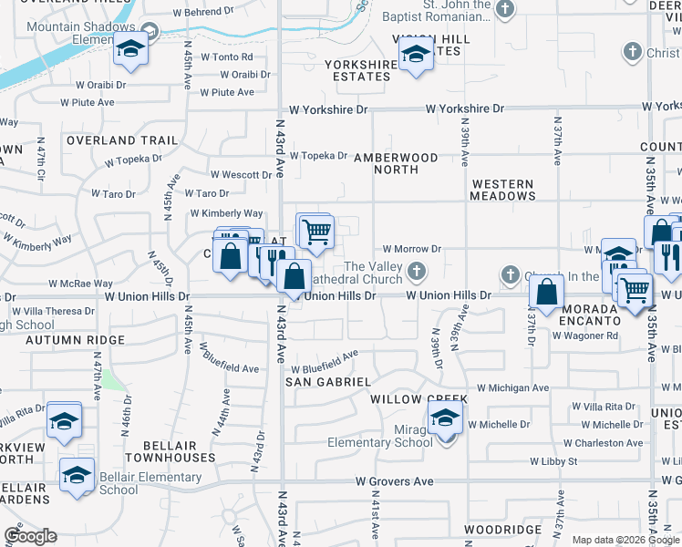 map of restaurants, bars, coffee shops, grocery stores, and more near 18624 North 42nd Avenue in Glendale