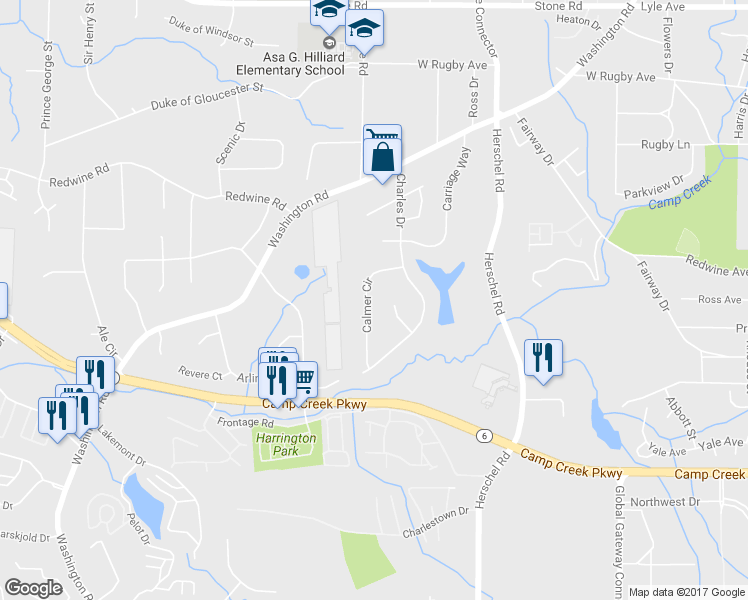 map of restaurants, bars, coffee shops, grocery stores, and more near 3666 Calmer Circle in East Point