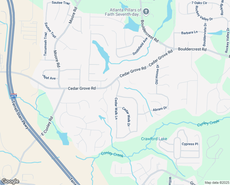map of restaurants, bars, coffee shops, grocery stores, and more near 1721 Cedar Walk Lane in Conley