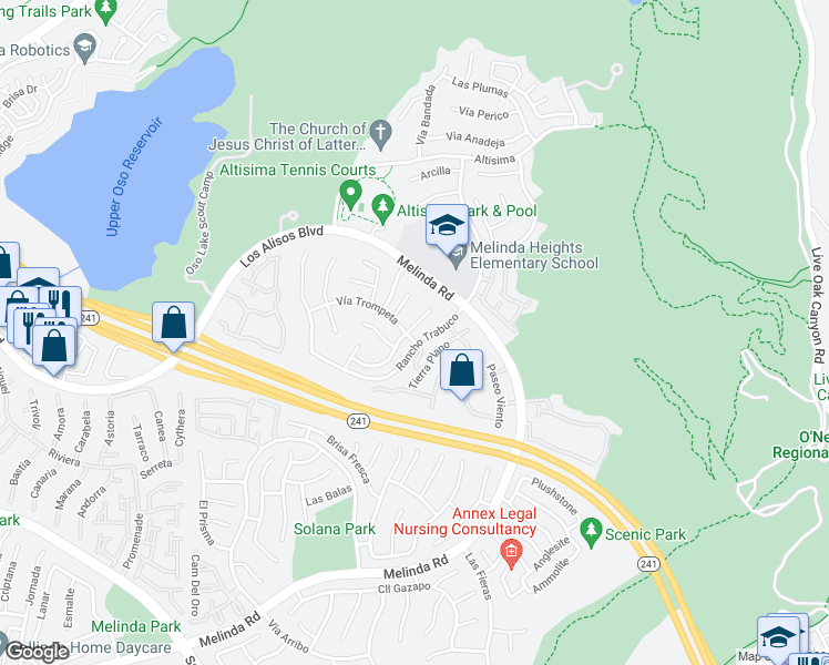 map of restaurants, bars, coffee shops, grocery stores, and more near 20 Las Castanetas in Rancho Santa Margarita