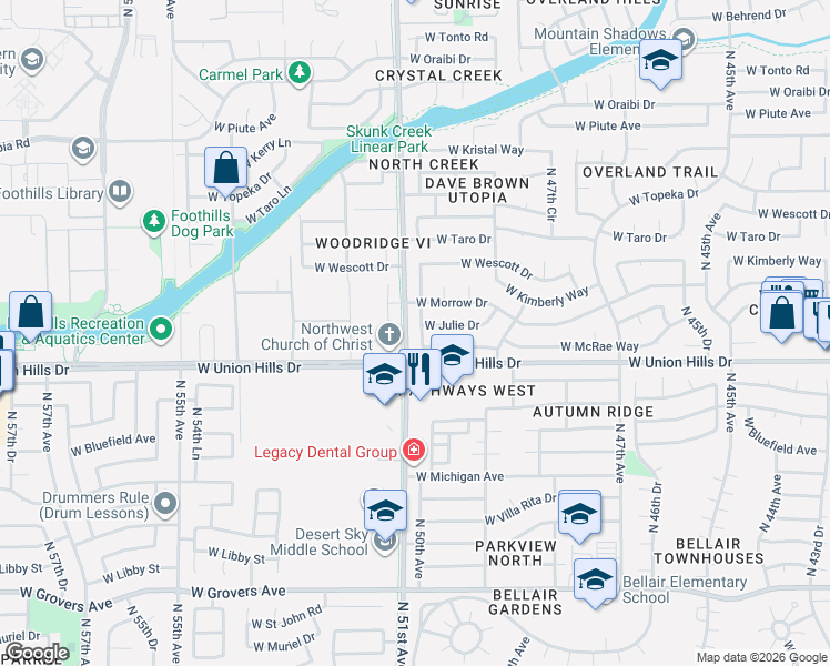 map of restaurants, bars, coffee shops, grocery stores, and more near 18622 North 50th Avenue in Glendale