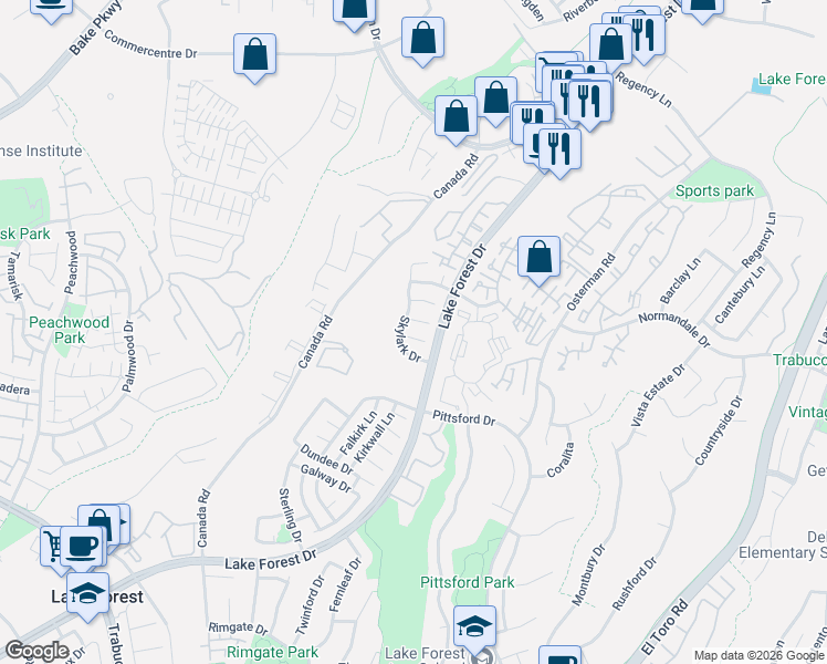 map of restaurants, bars, coffee shops, grocery stores, and more near 26151 Owl Court in Lake Forest