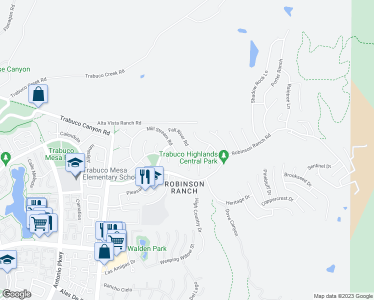 map of restaurants, bars, coffee shops, grocery stores, and more near 32216 Fall River Road in Trabuco Canyon