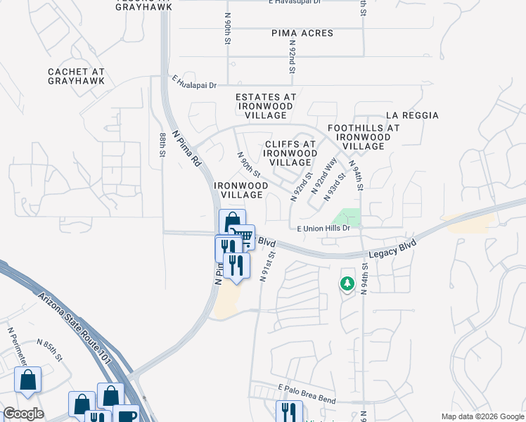 map of restaurants, bars, coffee shops, grocery stores, and more near 18698 North 91st Street in Scottsdale