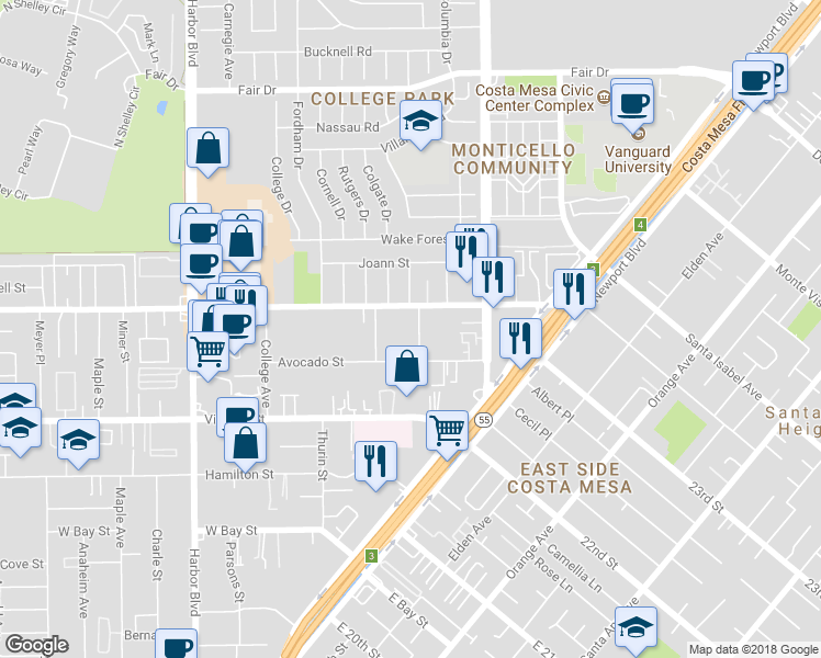 map of restaurants, bars, coffee shops, grocery stores, and more near 2233 Avalon Street in Costa Mesa