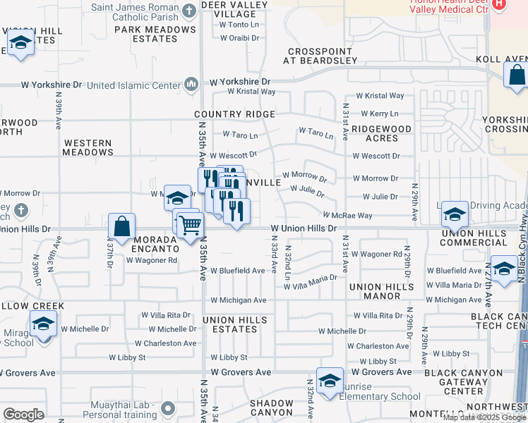 map of restaurants, bars, coffee shops, grocery stores, and more near 18619 North 33rd Drive in Phoenix