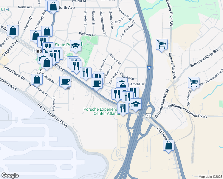 map of restaurants, bars, coffee shops, grocery stores, and more near 376 King Arnold Street in Atlanta