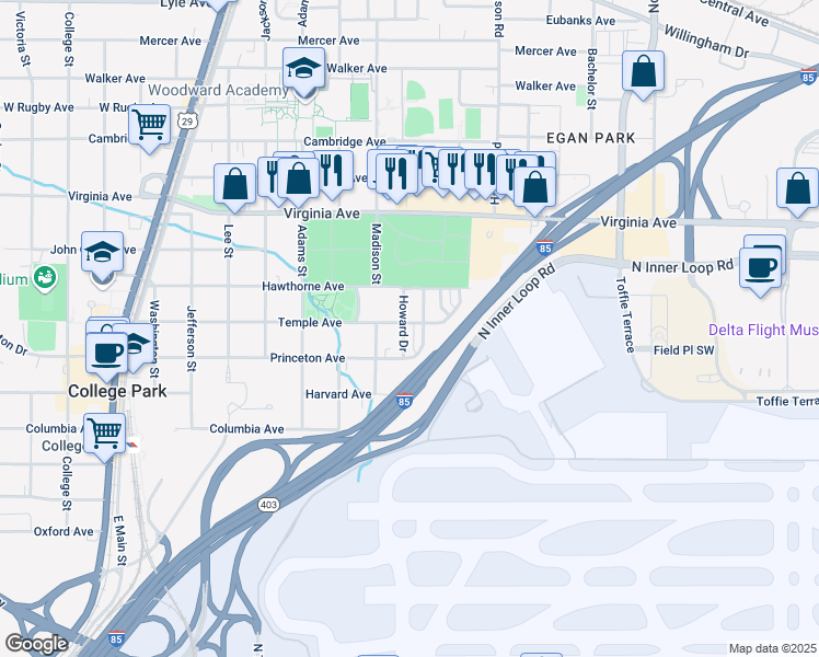 map of restaurants, bars, coffee shops, grocery stores, and more near 648 Howard Drive in College Park