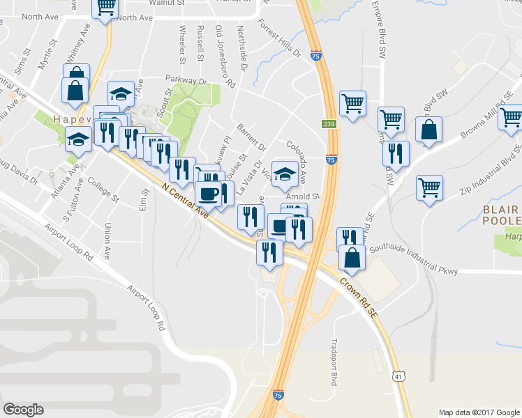 map of restaurants, bars, coffee shops, grocery stores, and more near Sunset Ave in Hapeville