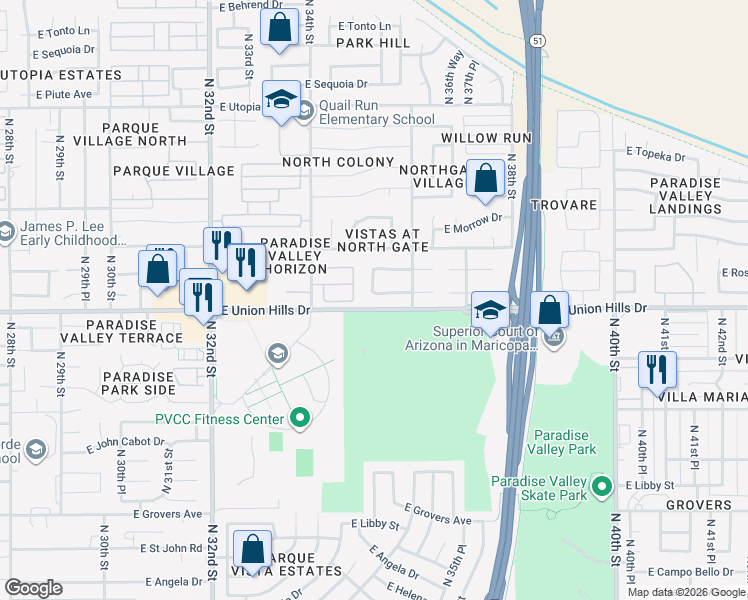 map of restaurants, bars, coffee shops, grocery stores, and more near 3511 East Renee Drive in Phoenix