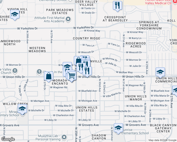 map of restaurants, bars, coffee shops, grocery stores, and more near 3414 West Union Hills Drive in Phoenix