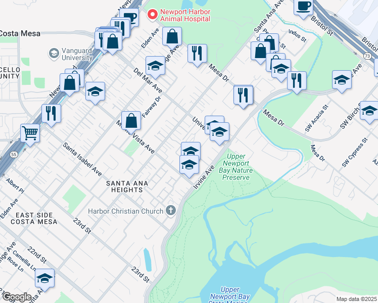 map of restaurants, bars, coffee shops, grocery stores, and more near 2545 Back Bay Loop in Costa Mesa