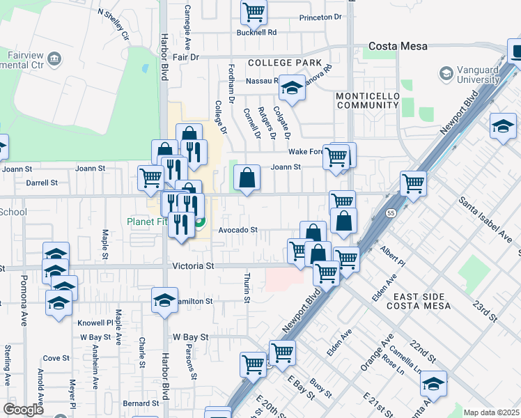 map of restaurants, bars, coffee shops, grocery stores, and more near 327 West Wilson Street in Costa Mesa