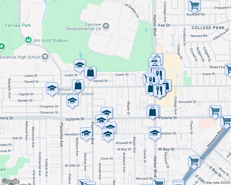 map of restaurants, bars, coffee shops, grocery stores, and more near 2233 Anaheim Avenue in Costa Mesa