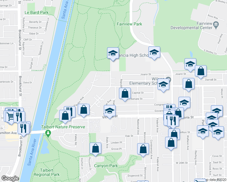 map of restaurants, bars, coffee shops, grocery stores, and more near 2239 State Avenue in Costa Mesa