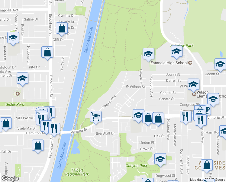 map of restaurants, bars, coffee shops, grocery stores, and more near 2225 Pacific Avenue in Costa Mesa