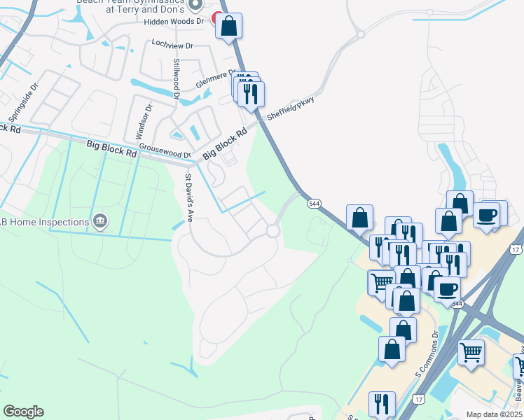 map of restaurants, bars, coffee shops, grocery stores, and more near 107 Machrie Loop in Myrtle Beach
