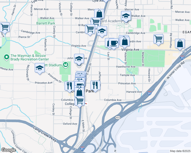 map of restaurants, bars, coffee shops, grocery stores, and more near 1770 Temple Avenue in College Park