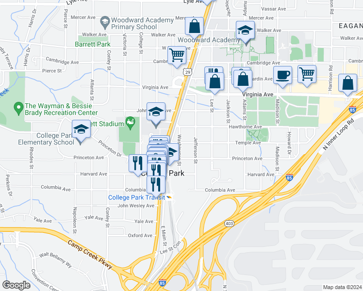map of restaurants, bars, coffee shops, grocery stores, and more near 1770 Temple Avenue in College Park