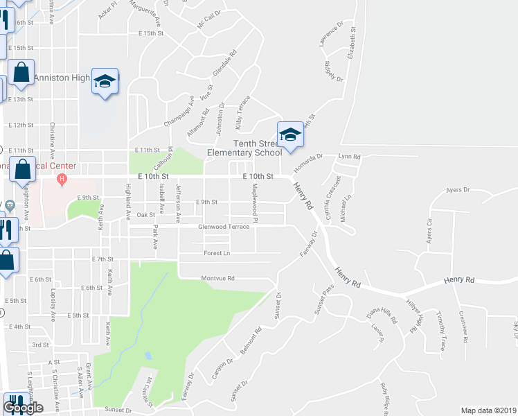 map of restaurants, bars, coffee shops, grocery stores, and more near 823 Maplewood Place in Anniston