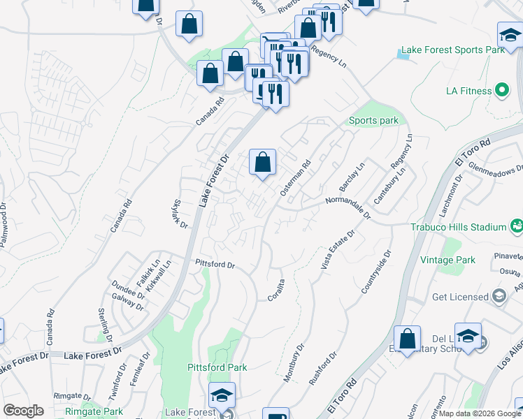 map of restaurants, bars, coffee shops, grocery stores, and more near 21122 Knights Glen in Lake Forest