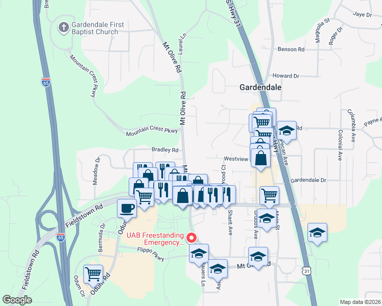 map of restaurants, bars, coffee shops, grocery stores, and more near 1201 Mount Olive Road in Gardendale