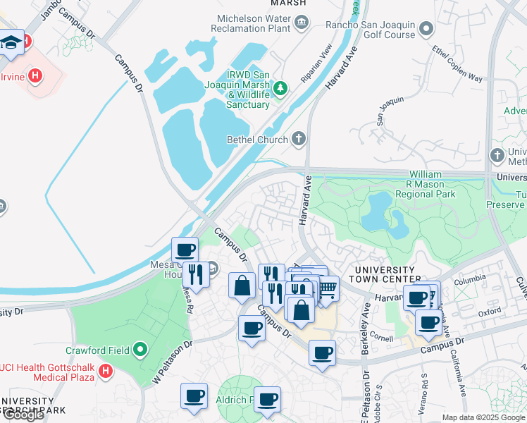 map of restaurants, bars, coffee shops, grocery stores, and more near 172 Stanford Court in Irvine