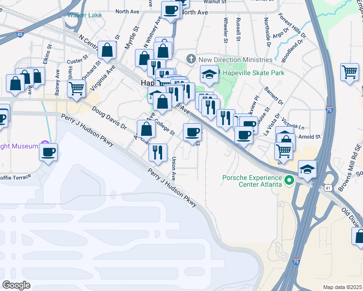 map of restaurants, bars, coffee shops, grocery stores, and more near 3610 Union Avenue in Hapeville