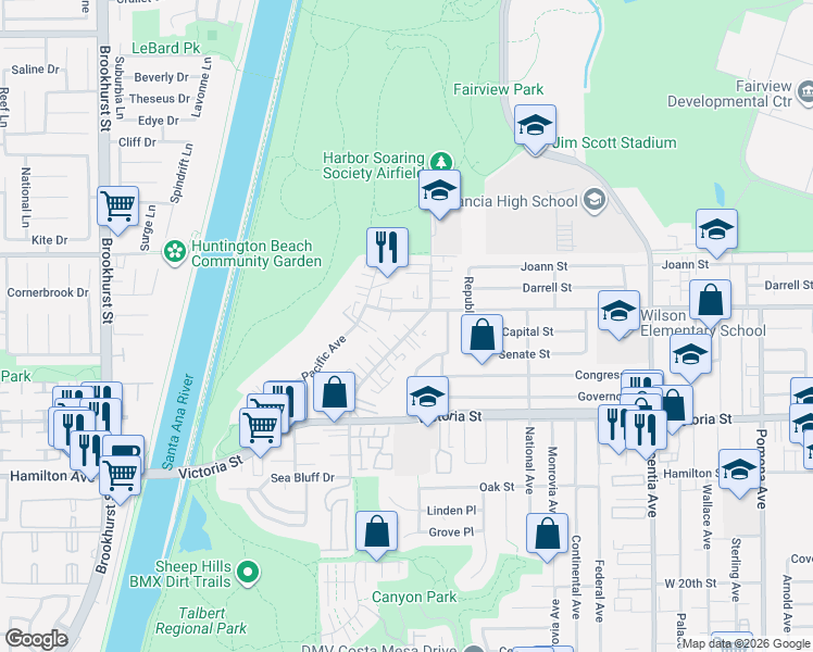map of restaurants, bars, coffee shops, grocery stores, and more near 2235 Canyon Drive in Costa Mesa