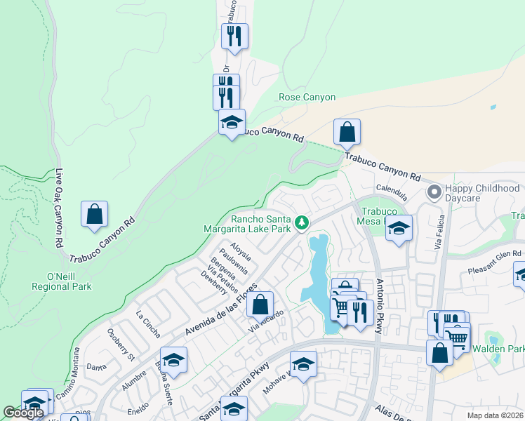 map of restaurants, bars, coffee shops, grocery stores, and more near 176a El Camino Montana in Rancho Santa Margarita