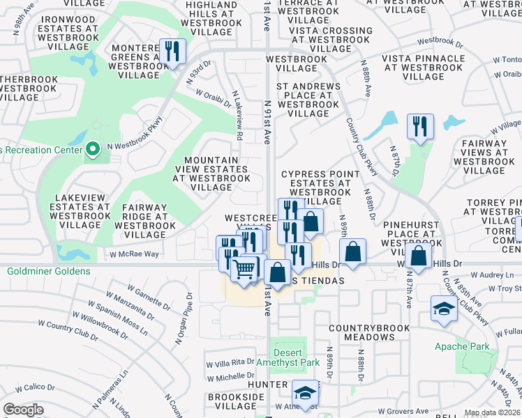 map of restaurants, bars, coffee shops, grocery stores, and more near 9113 West Kimberly Way in Peoria