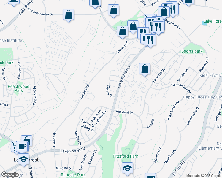 map of restaurants, bars, coffee shops, grocery stores, and more near 26151 Owl Court in Lake Forest
