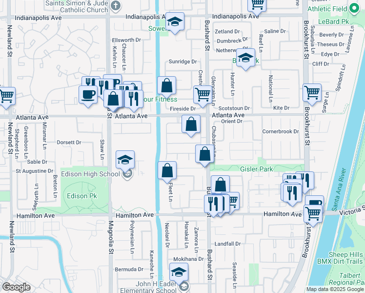 map of restaurants, bars, coffee shops, grocery stores, and more near 9362 Power Drive in Huntington Beach