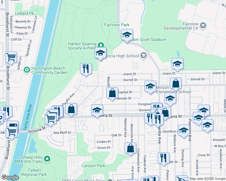 map of restaurants, bars, coffee shops, grocery stores, and more near 954 Capital Street in Costa Mesa