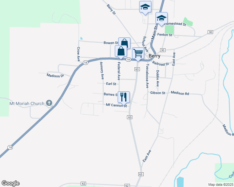 map of restaurants, bars, coffee shops, grocery stores, and more near 180 Barnes Street in Berry