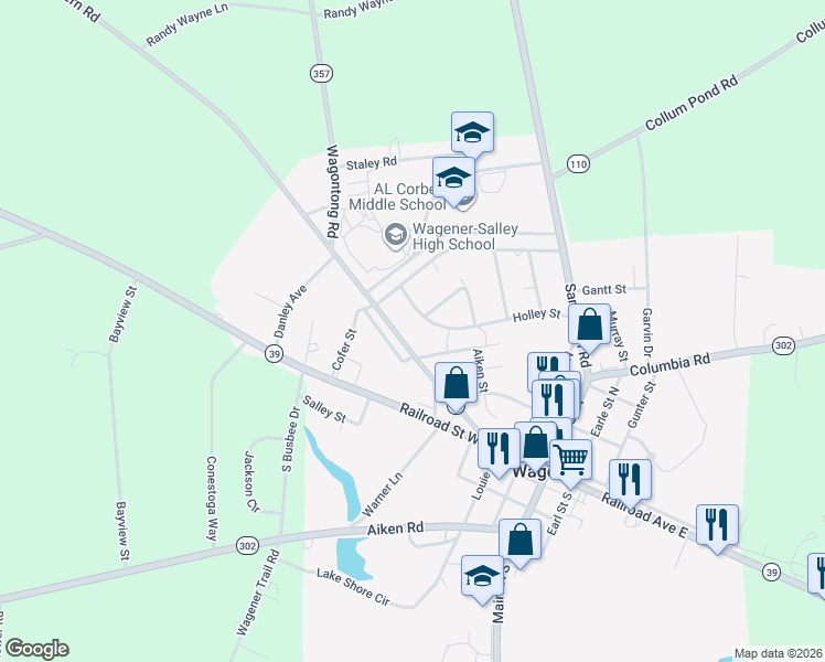 map of restaurants, bars, coffee shops, grocery stores, and more near 256 Seivern Rd in Wagener