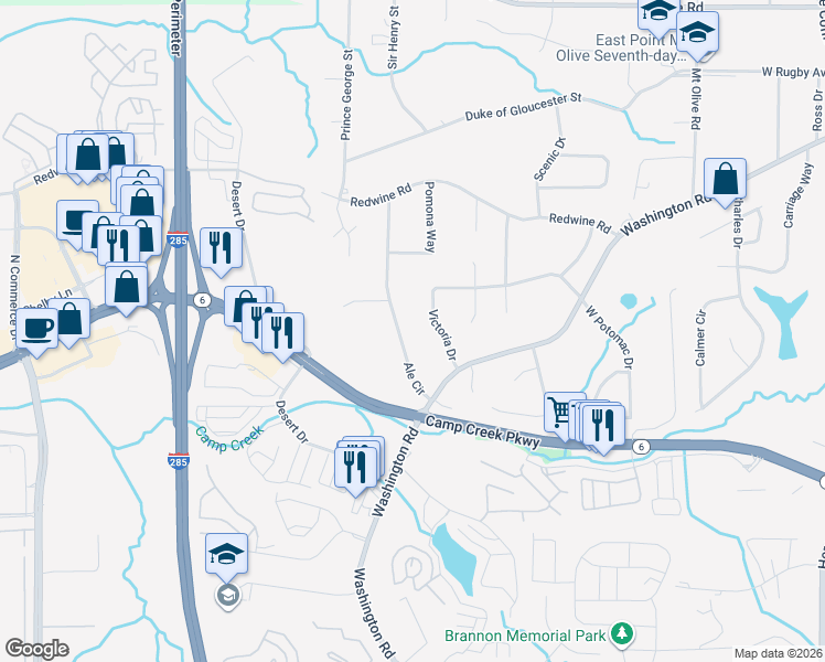 map of restaurants, bars, coffee shops, grocery stores, and more near 3668 Ale Circle in East Point
