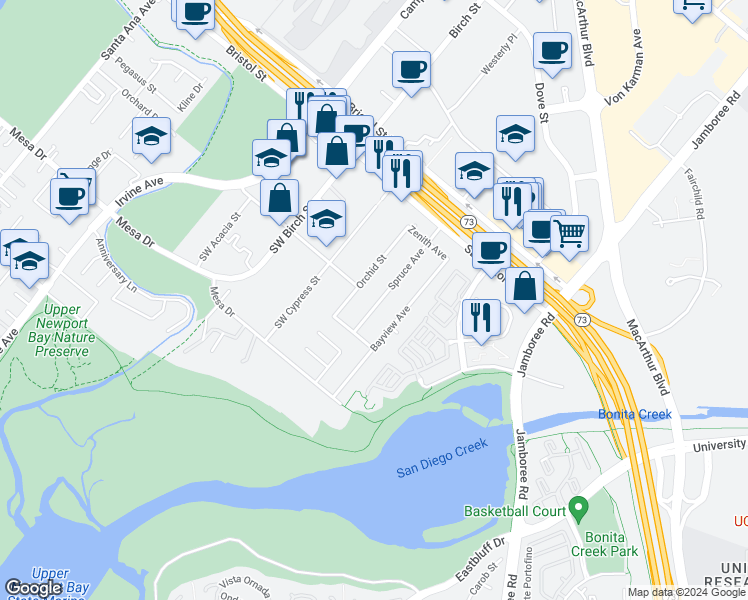 map of restaurants, bars, coffee shops, grocery stores, and more near 20241 Spruce Avenue in Newport Beach